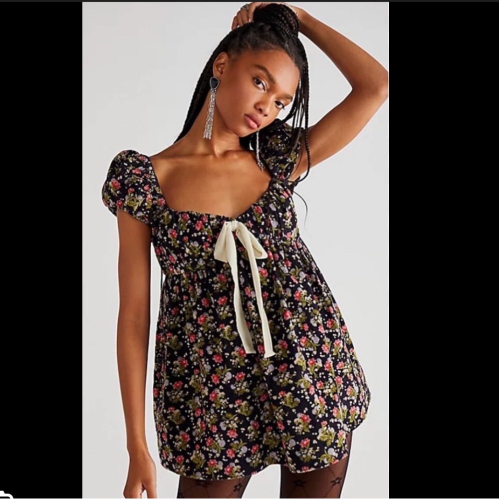 Free People Black Floral Babydoll Dress with Cream Bow